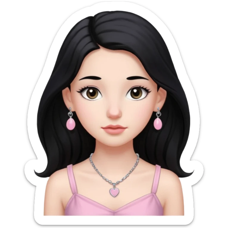 Menina branca ,cabelos pretos longos, olhos pretos puxados para cima. Cílios longos, lábios grossos ,nariz pequeno.vestido rosa claro de alça. Colar e brinco prata pontinho pequeno. Jovem  de 16 anos  sticker