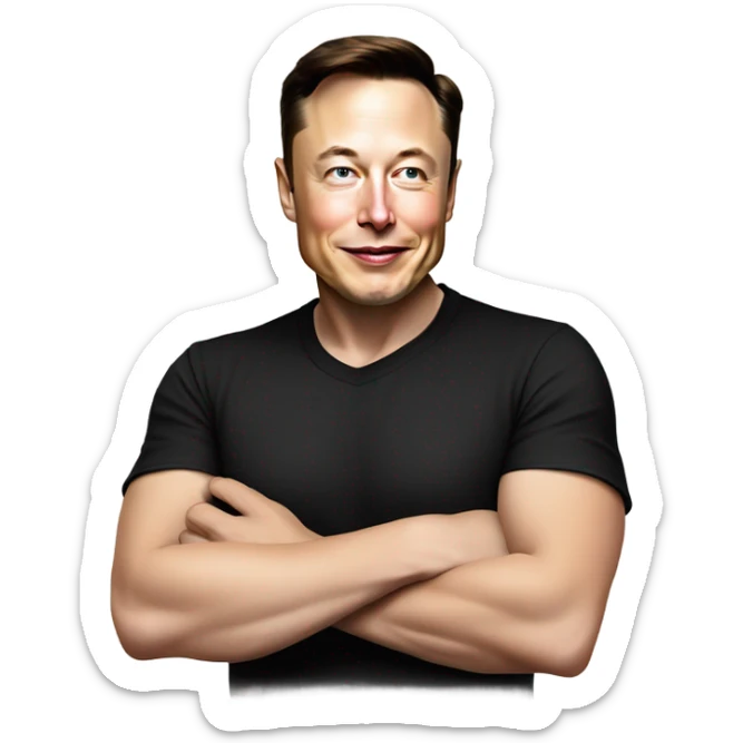 A cartoon-style illustration of Elon Musk with a confident smirk, wearing his signature black t-shirt, pointing downward. His facial expression should convey a mix of enthusiasm and playful authority.  sticker