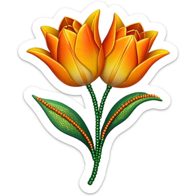 french beaded tulip, floral craft, sparkling glass beads, orange and yellow gradient petals, green foliage, realistic, elegant, no background sticker