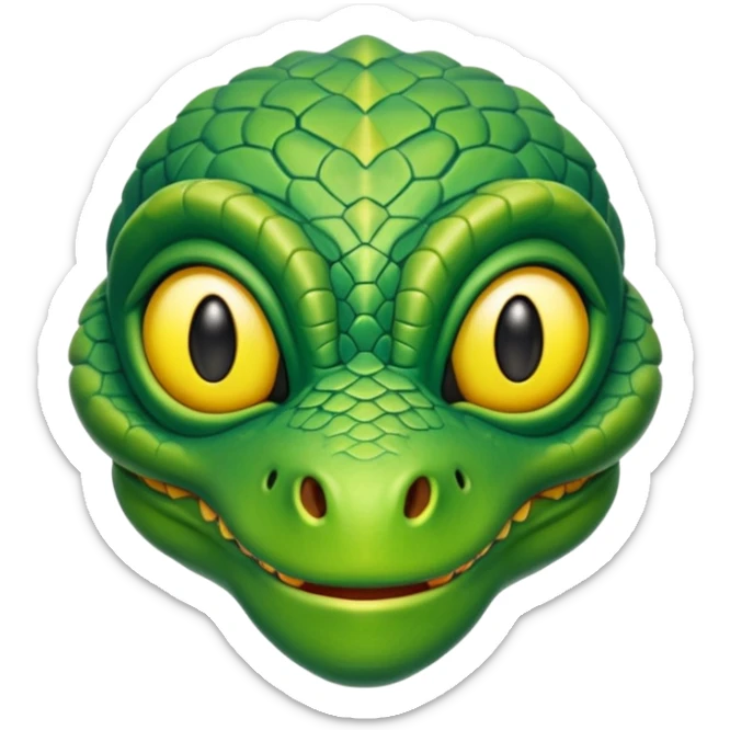 Reptilian alien head, green scales, yellow eyes, cartoon emoji, no background sticker