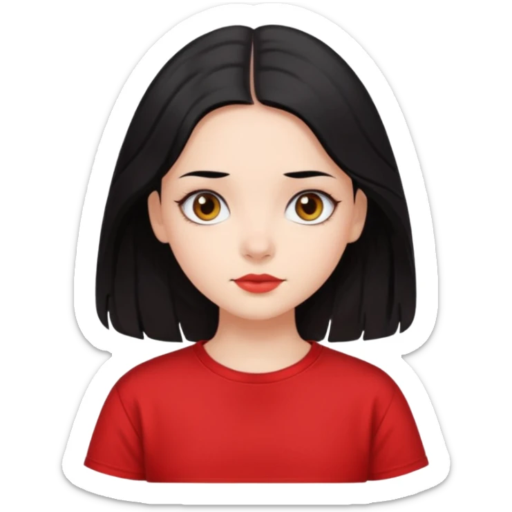 Buatkan aku emoji perempuan yang memiliki warna kulit cerah, mata yang cantik, dan mempunyai rambut hitam yang lurus dan sedikit bergelombang dan panjang rambutnya sampai ke pundak, dan memakai kaos pendek oversize berwarna merah  sticker