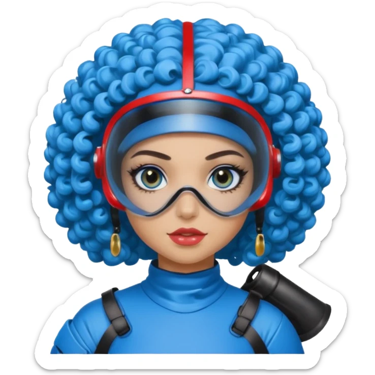 blue curly girl with huge earringswearing paintball with red paintball helmet with eye protection, only face  sticker