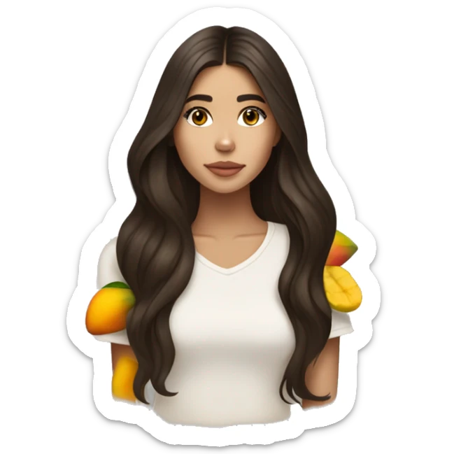 brunette, long haired, brown eyed, madison beer wearing Aritzia and holding a yuzu and mango sticker