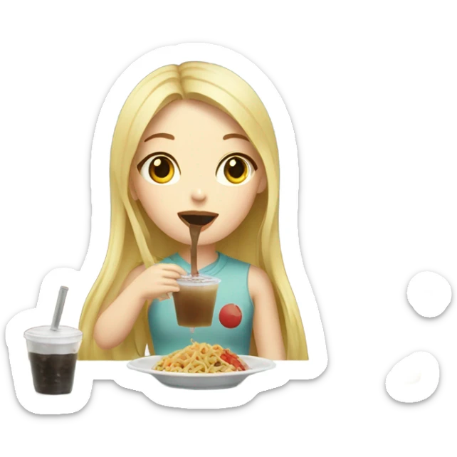  Blonde long hair girl eating Korean food and drinking boba sticker