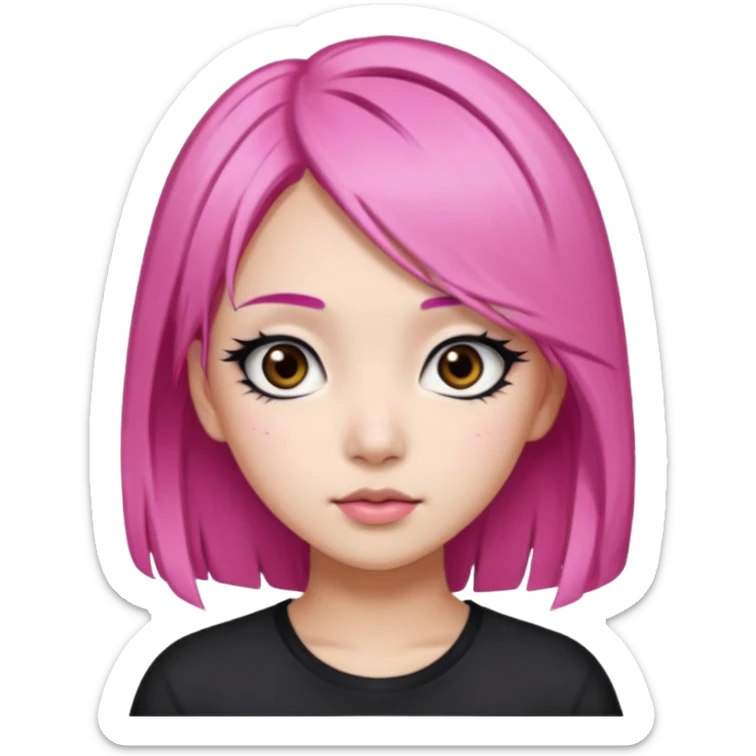 An Asian girl with pink hair, big eyes, thick eyebrows, and long eyelashes;  sticker