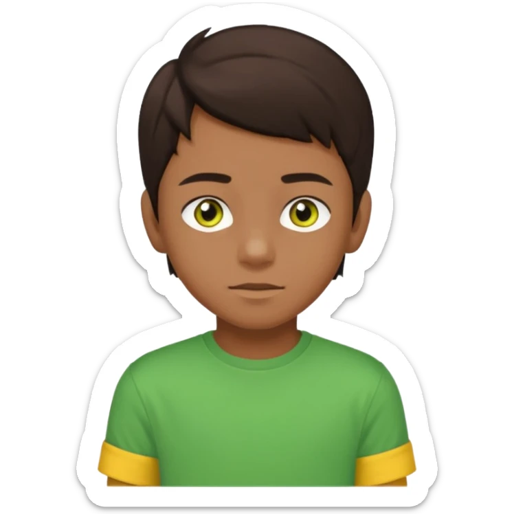 A portrait of a 14-year-old boy, he's got dark-brown hair, brownish skin and green hazel eyes. he's wearing a t-sirt with yellow sleeves. sticker