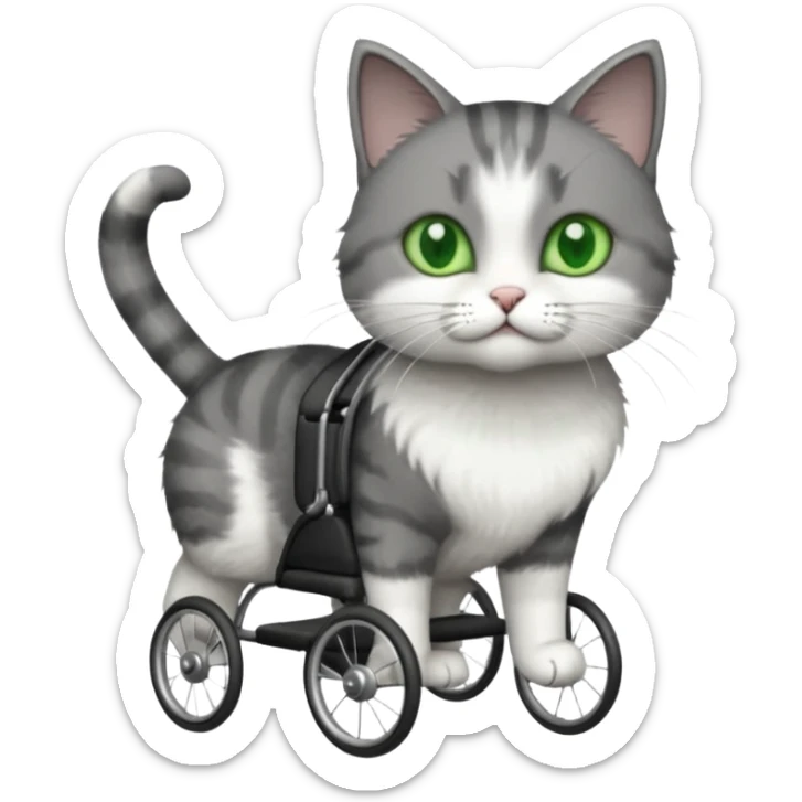 full body small short hair dark grey and white cat with green eyes walking in a wheelchair for cats sticker