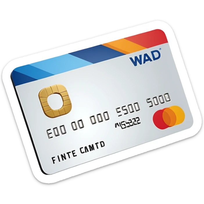 3D icon of a credit-card–shaped corporate card with a bold color of #FF3D00 stripe. Display the exact text ‘WAD’ as a logo. No numbers, no chip, no issuer logos. Modern, clean, high-end. sticker
