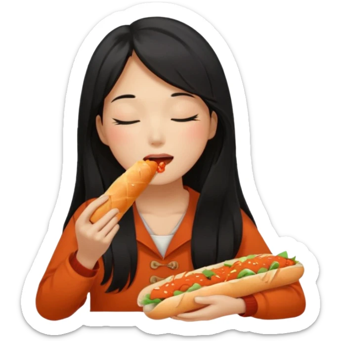 Girl black long hair eat kimchi close eyes baguette sticker
