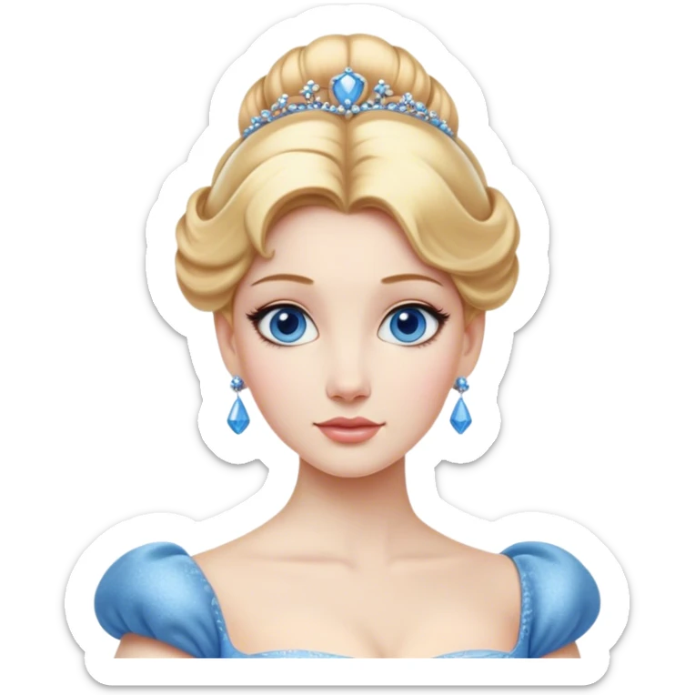 Cinematic Realistic Noble Cinderella Portrait, depicted with porcelain skin rendered in lifelike detail and soft, natural lighting that highlights every delicate nuance. Her intricately styled golden-blonde hair is arranged in an elegant updo, and her deep, expressive blue eyes radiate quiet determination. She wears her classic ball gown with rich fabric textures and delicate folds catching the light beautifully, all set against a subtly glowing, natural background that captures the essence of timeless royal grace. sticker