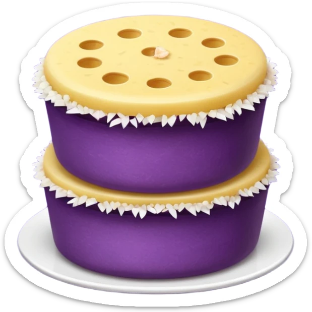 Create an emoji-style illustration of puto bumbong. Purple steamed rice cakes stacked together, topped with butter, grated coconut, and brown sugar. Cute, clean, iOS-style emoji look sticker