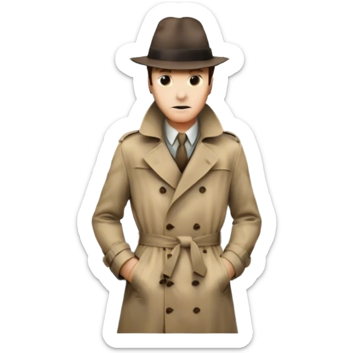 Icon for Detective Movie: A vintage movie poster-style design featuring a mysterious detective, shadowy alleys and a foggy cityscape. Include classic noir elements like a fedora, trench coat, and a dimly lit street. Bold typography and retro cinematic style. Transparent background. sticker