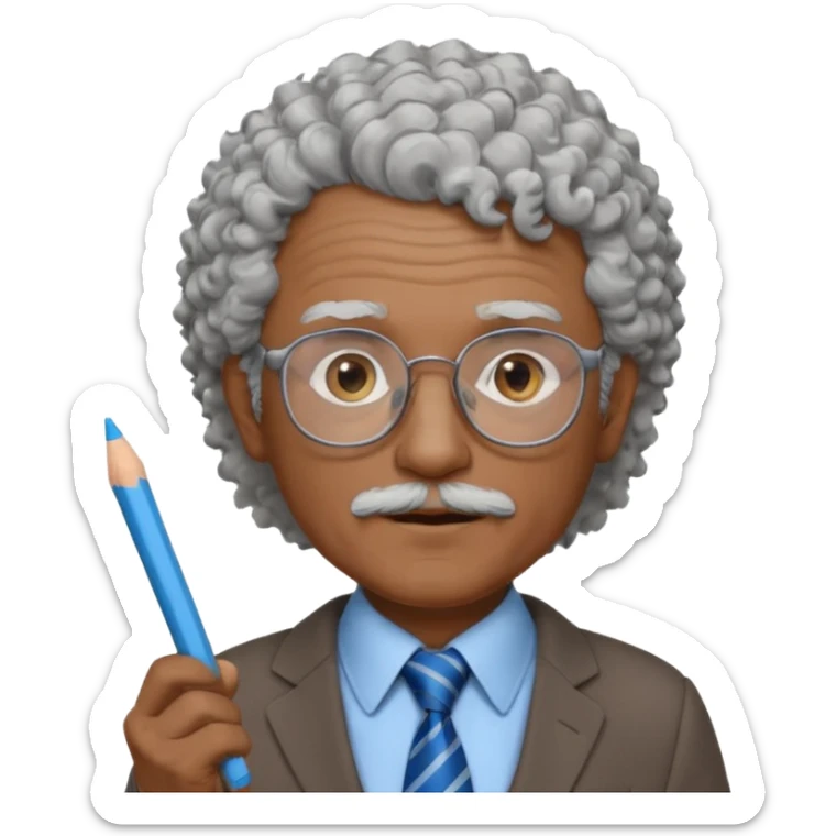old man teacher, brown skin, curly grey white hai, wearing glasses, brown suit, blue tie hold chalk on hand sticker
