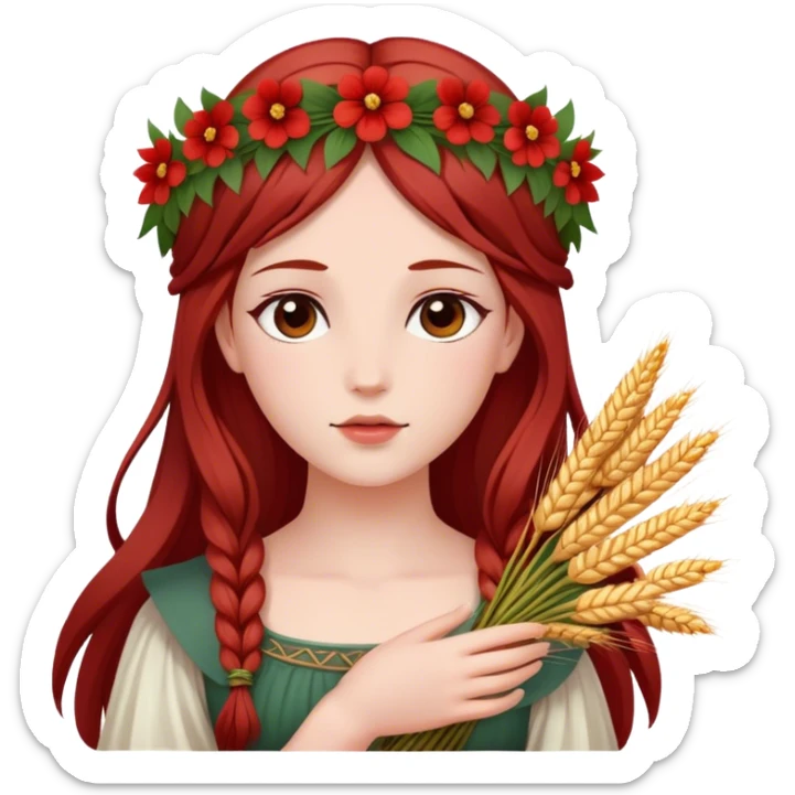In Greek mythology, Persephone is often depicted as a young goddess with fair skin and dark red, straight hair. She is typically shown wearing a wreath of flowers and holding symbols like sheaves of grain or a flaming torch.  sticker