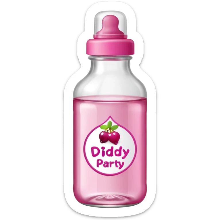 realistic baby oil style bottle pink cap pink logo clear bottle with berry logo with diddy party written and a berry on top bottle sticker