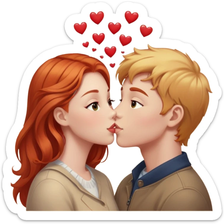 Red head girl with light skin and light brown eyes kissing on the lips with a blonde boy with fair skin and brown eyes, they both being in love with each other. Little hearts flying around them.  sticker