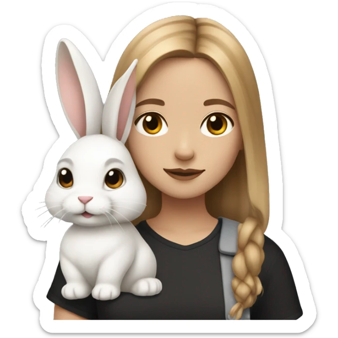 girl with light brown hair with a white and black rabbit on her shoulder sticker