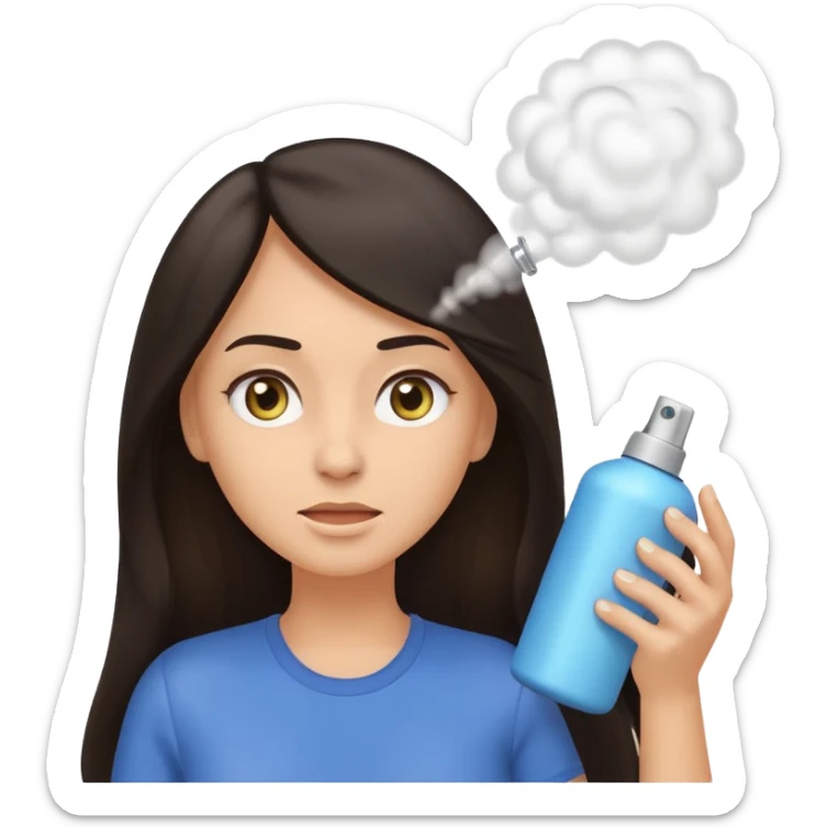 Emoji-style illustration of a woman with long dark hair, front-facing, simple rounded facial features, big expressive eyes, flat vector shading. A hand is spraying hair spray from a small aerosol can toward her hair, visible mist/spray particles in the air.  sticker