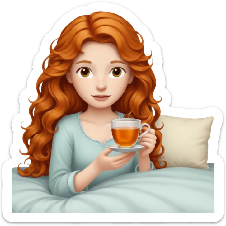Girl with long ginger wavy hair in the bed with cup of tea sticker