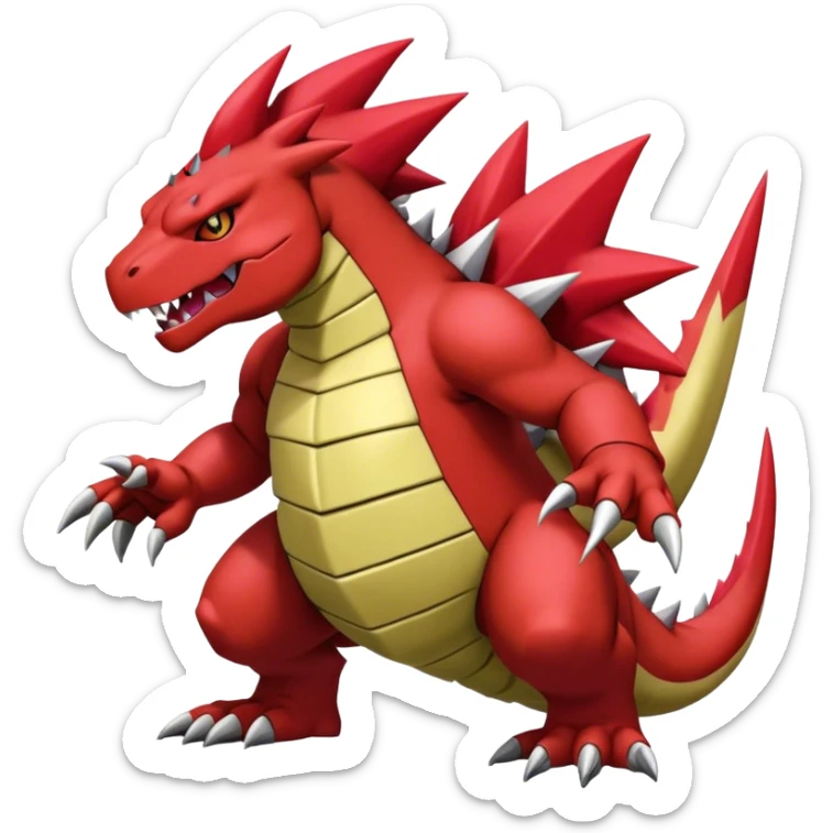 Cool edgy shiny Guilmon-Tyranitar-Drudigon-Digimon-hybrid-fusion, yellow belly, full body sticker