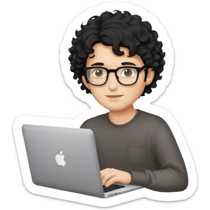 guy with wavy kinda curly black hair and light-to-medium skin tone and glasses, with a macbook sticker