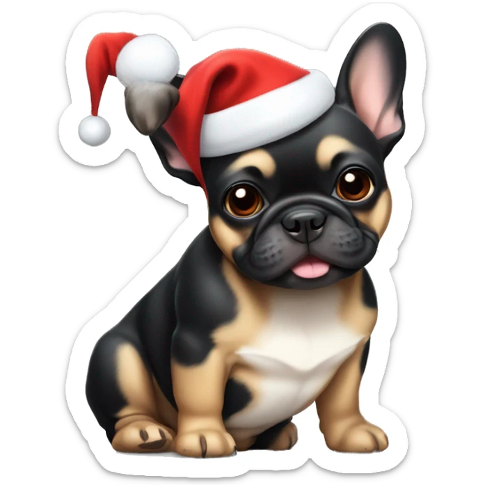 A small, black-and-tan French bulldog with a mostly black face and tan paws, wearing a classic red and white Santa hat, sitting happily with its tongue slightly out. sticker