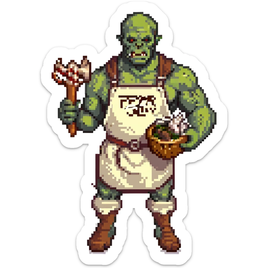 orc male Apron with "Kiss the Cook" (scratched out, replaced with "Fear the Cook"), giant rib bone as a weapon. sticker