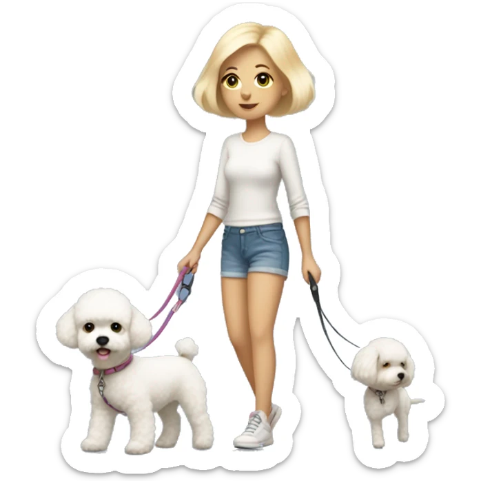 small woman with short bobbed blonde hair wearing a nice shorts outfit walking one bichon dog on a leash sticker