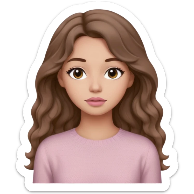 a woman with beige knit long sleeve top, her hair is long wavy brown hair, her face is soft girl style, her eyes color are black and the color of her lip is soft pink sticker
