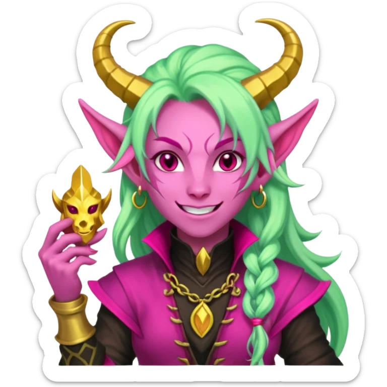 A D&D tiefling with pale green skin and long hot pink hair. She is a rouge and is obsessed with gold sticker