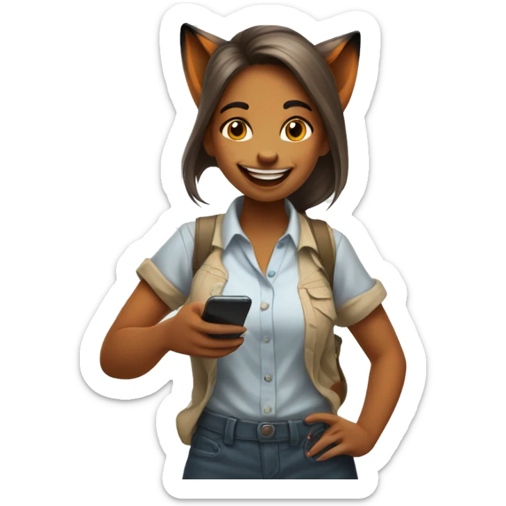  Happy girl Fox in a shirt stands and uses her favourite app in the phone, and stares in the phone sticker