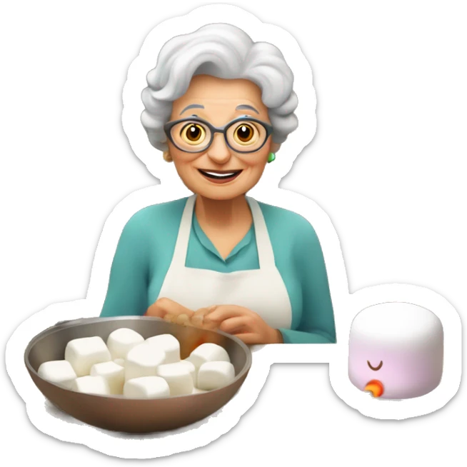 Cute cartoon Italian woman looking grandma holding a marshmallow cooking marshmallows in kitchen sticker