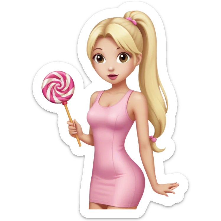 Beautiful woman with long blonde ponytails wearing light pink bodycon dress holding a lollipop sticker