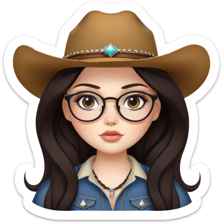 pretty bratz baddie, black eyeliner, pale skin, aesthetic country, plus size, glasses, dark brown long hair sticker