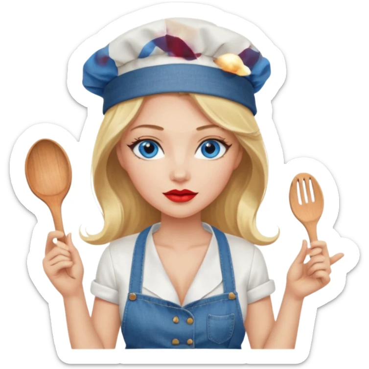 Beautiful, sexy,  long blonde hair, blue eyed, full red lips plunging v neck shirt, denim shorts, chef hat  sticker