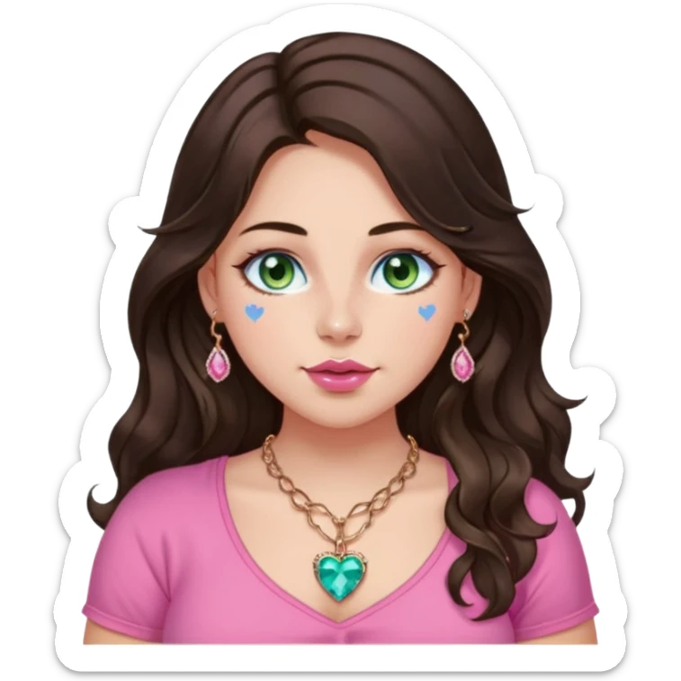 Girl girl long wavy dark brown hair with middle part, green/blue/gold eyes, plus size, pink girly top, right nostril rose gold nose ring, pink heart crystal necklace  sticker