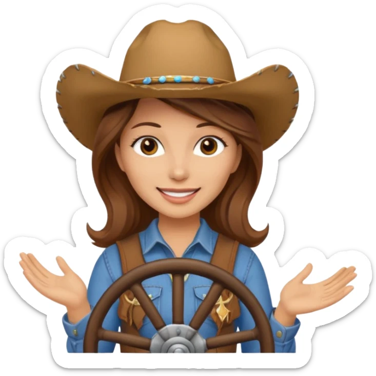 ["Light-skinned cowgirl, brown hair, wearing a cowboy hat, holding the wheel."] sticker