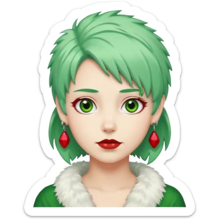 white furred unicorn with green hair and big red earrings looking into camera sticker