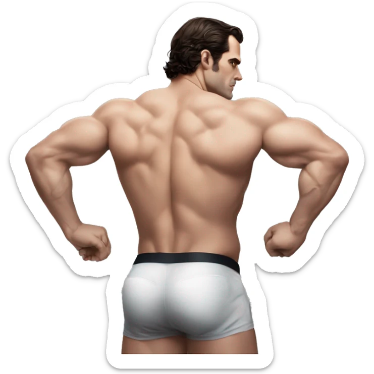 Henry cavill in a jock, backwards view, stretching glutes sticker