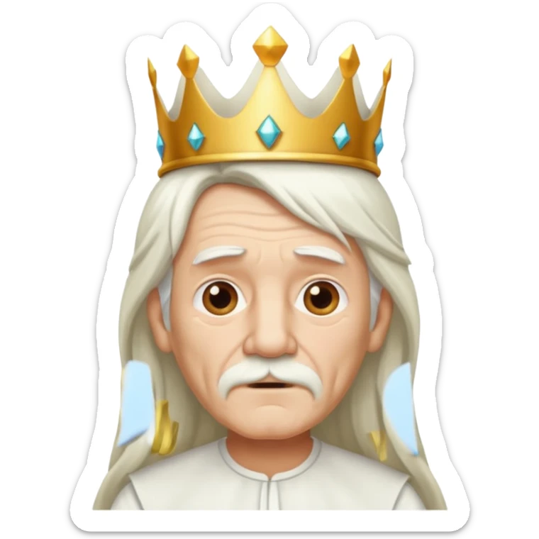 old man with long white hair and has no moustache wearing a white shirt and a crown sticker