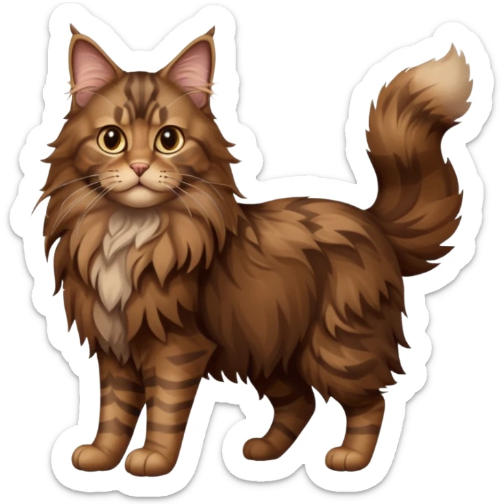 A high-resolution photo-realistic digital illustration of a brown maine coon cat, full body sticker
