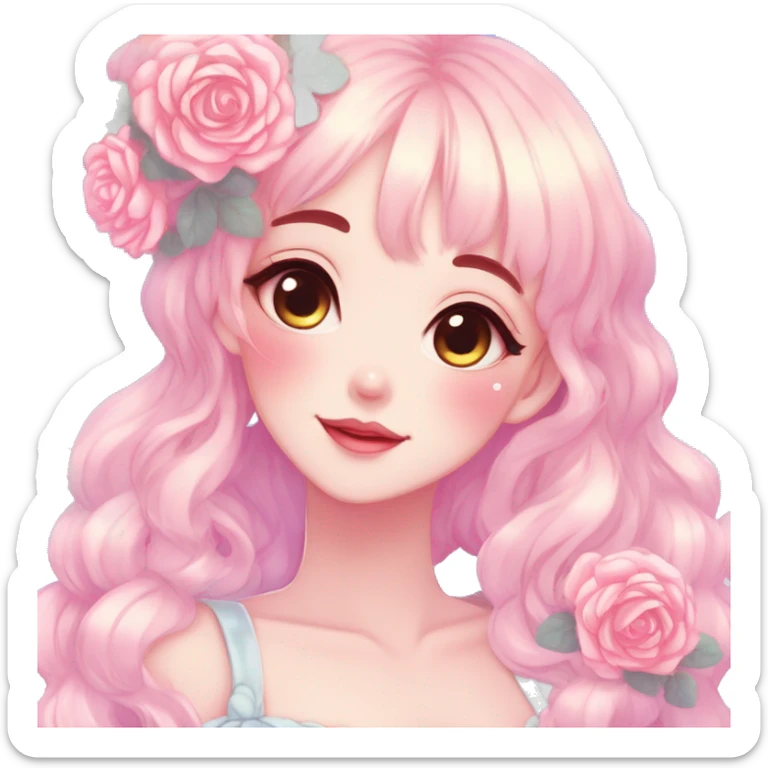 Gorgeous pastel anime style lady with blushing face and roses cottagecore fairycore pastelcore shiny colorful pearly aesthetic trending style sticker