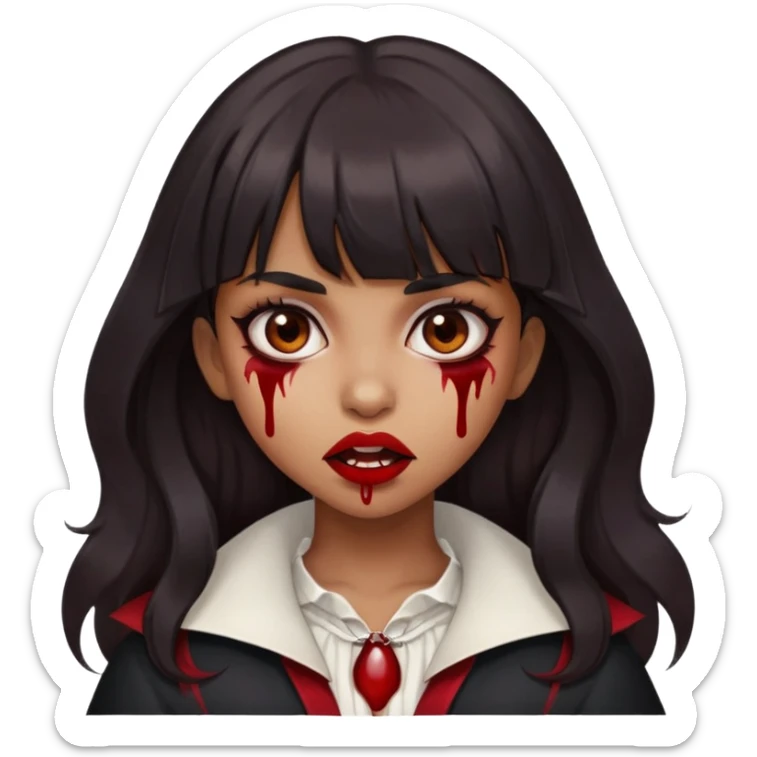 Brown girl, with wavy black hair, straight bangs, brown eyes, Vampiric appearance, Brown skin tone but not too dark, Blood in the mouth  sticker