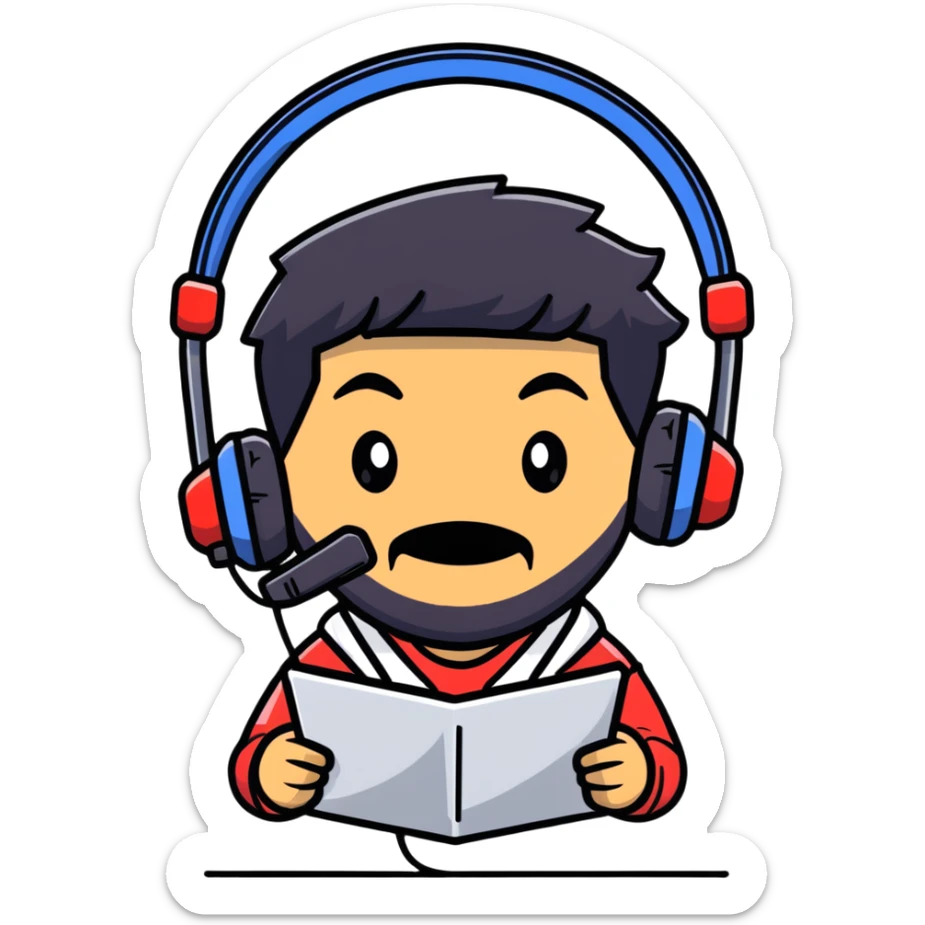 A gamer with black hair, brown eyes, and a black beard wearing a gaming headset with a thankful expression sticker