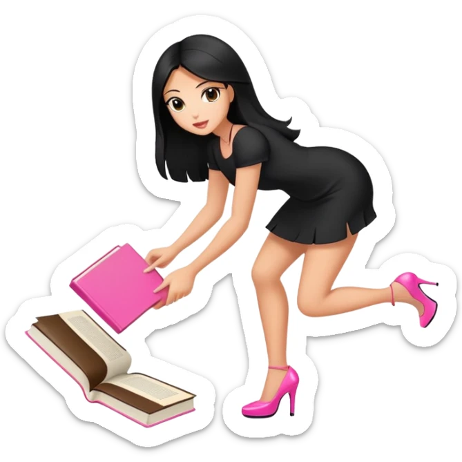 Bimbo in heels in black mini dress, long black hair tanned skin, pick up pink book from ground, sticker