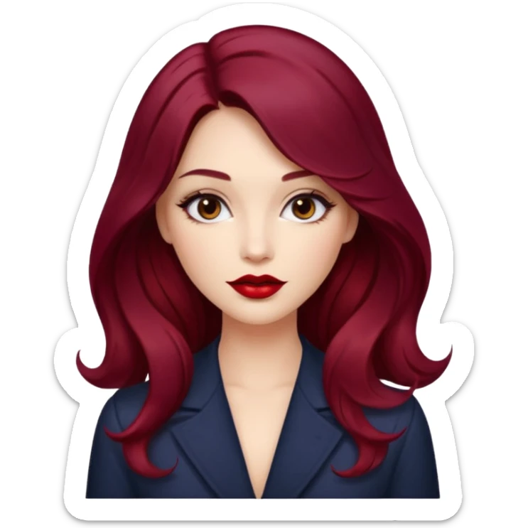 Draw a young glamorous woman with LONG dark burgandy cherry hair in a centre hair part styled slightly wavy sticker