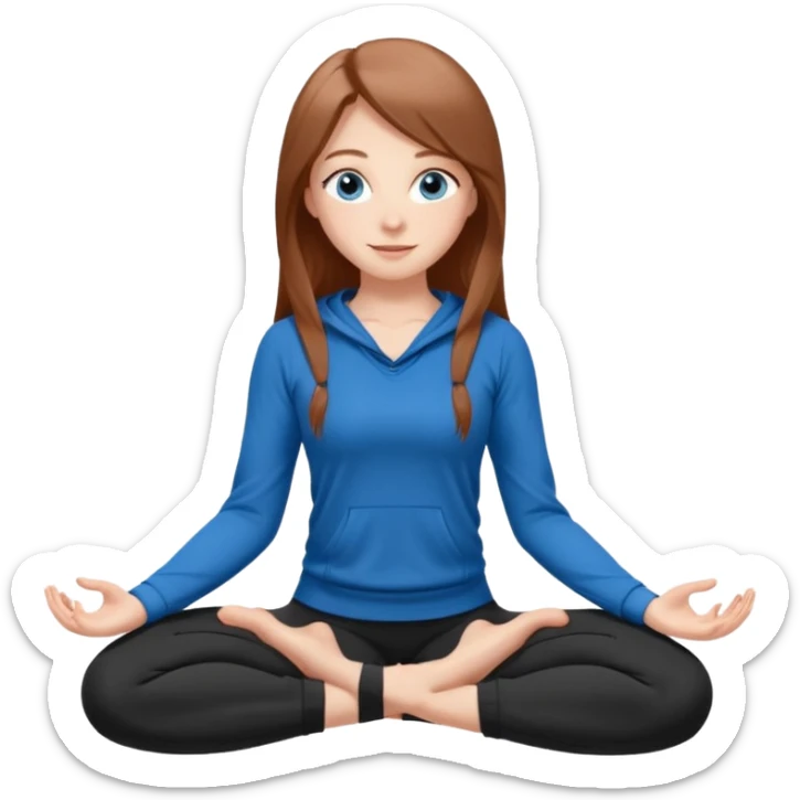A girl with fair skin and a natural blush. Eyes are large, expressive, blue. Hair is long, straight, chestnut-colored. Smile is soft, friendly, does yoga in a black tracksuit sticker