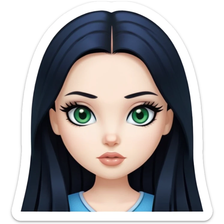 pretty bratz girl, long straight black hair, dark green eyes, black eyeliner, pale skin, blue style sticker