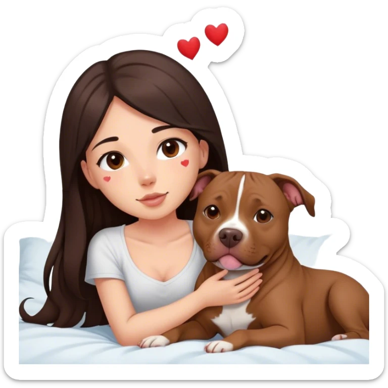 A pretty girl with long dark hair layered  cascading down her face sits on the bed with her brown pit bull  laying beside of her heart is flying all around sticker
