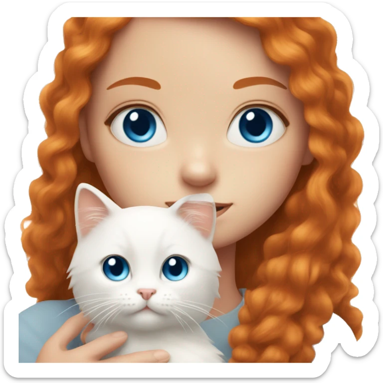 ginger girl with freckles and blue eyes holding fluffy white cat with blue eyes sticker